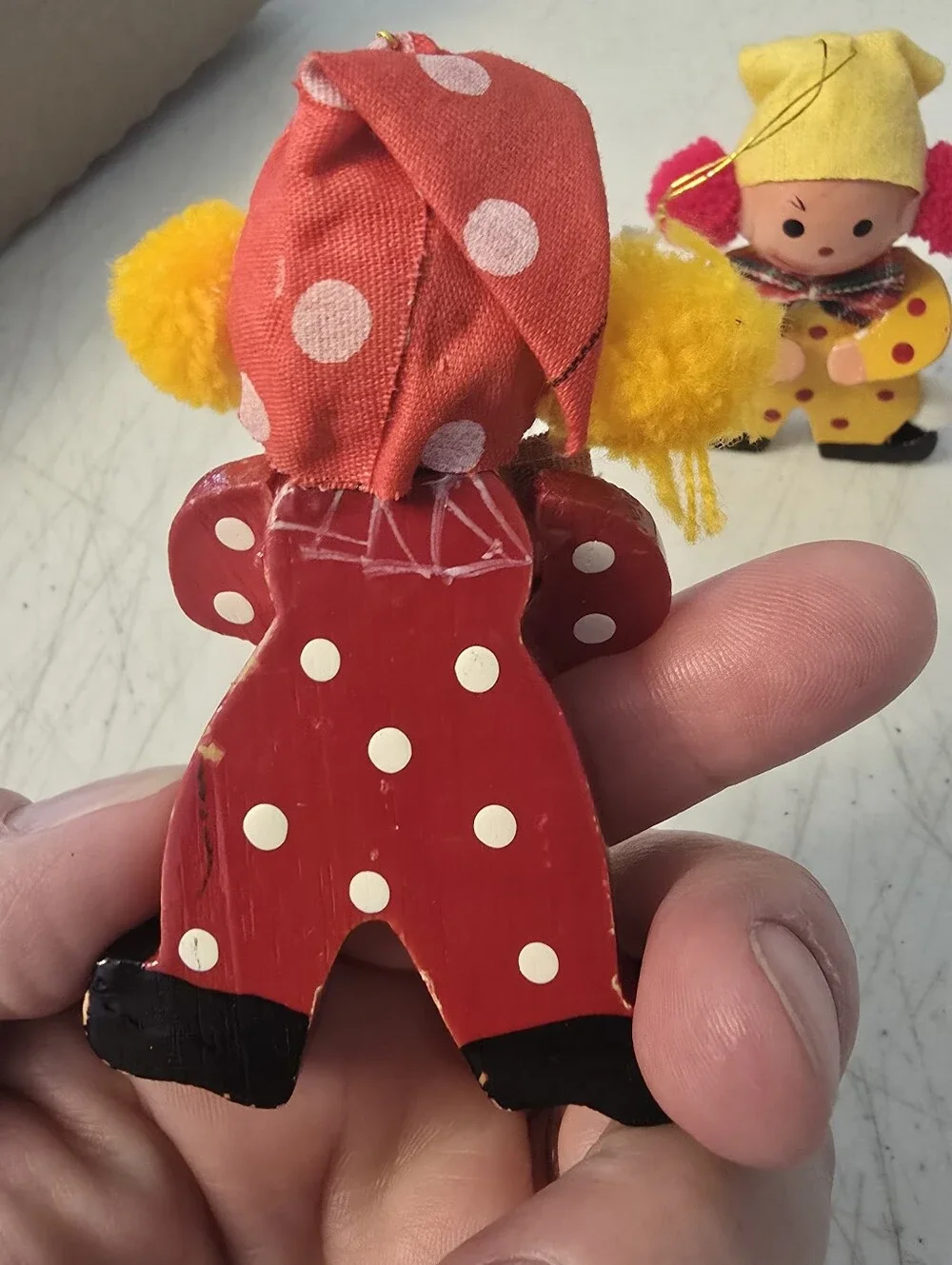 Vintage Wooden Clown Christmas Ornaments Set Of 2 Handpainted 3.5